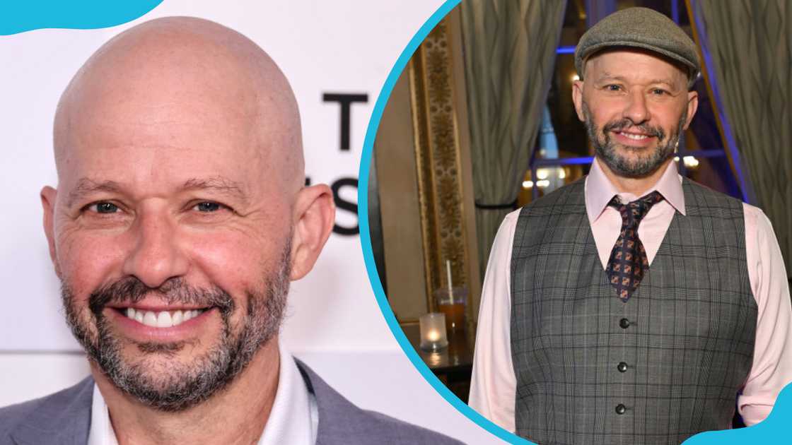 Jon Cryer smiling (L) and in a three pieces suit and a tie