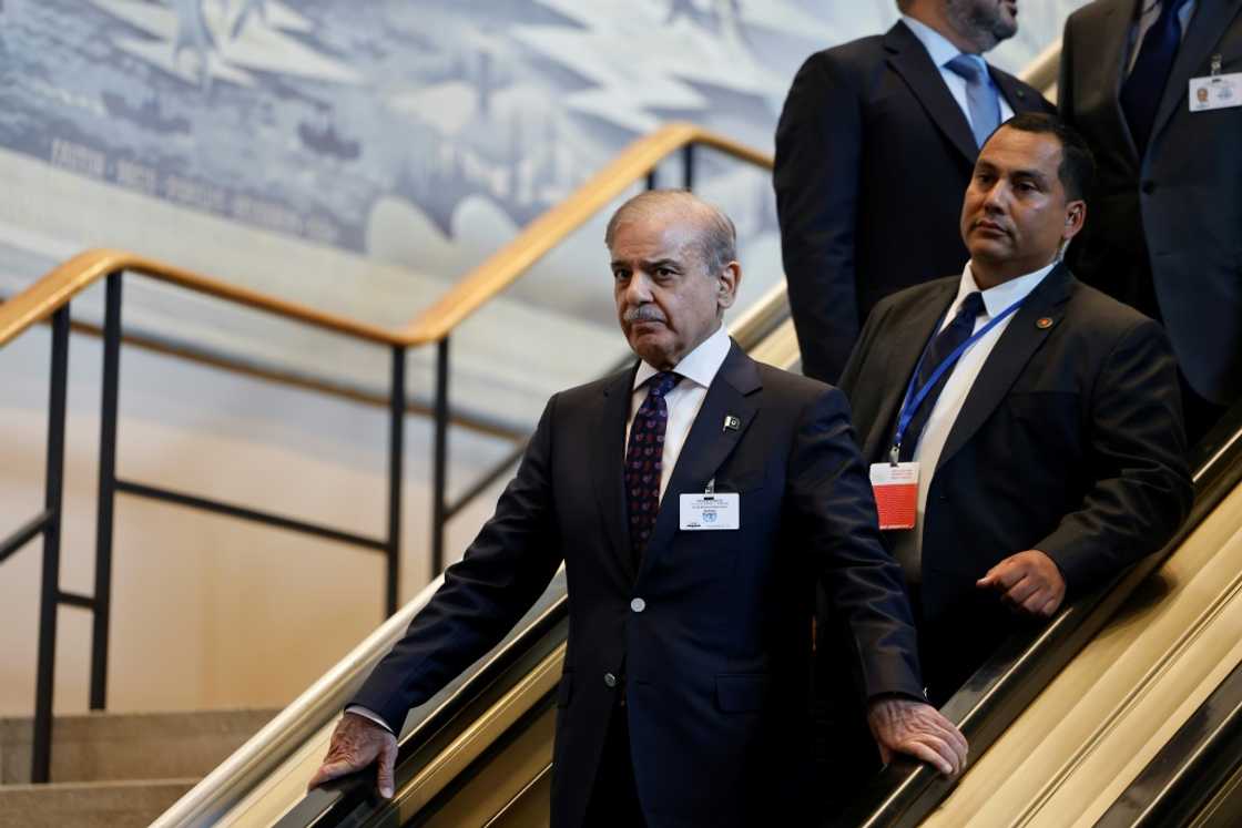 Pakistani Prime Minister Shehbaz Sharif leaves UN headquarters during the United Nations General Assembly on September 24, 2024 in New York