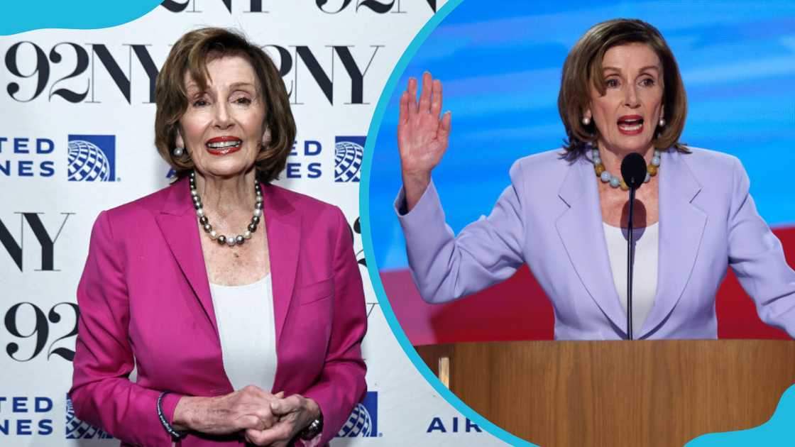 Nancy Pelosi in a magenta suit and blue suit