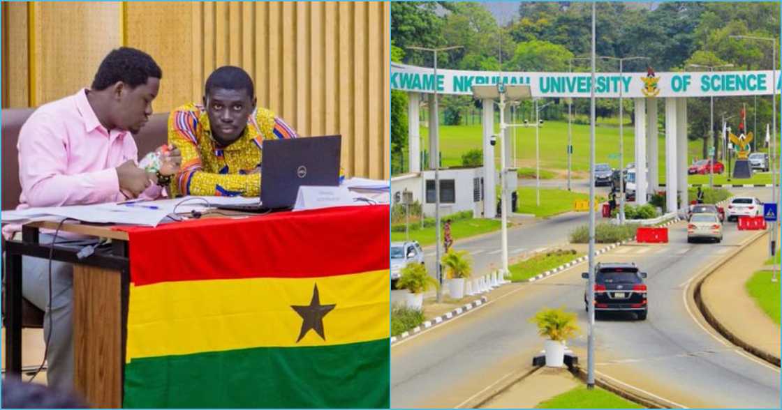 Photo of KNUST students and the KNUST entrance Photo of KNUST students and the KNUST entrance