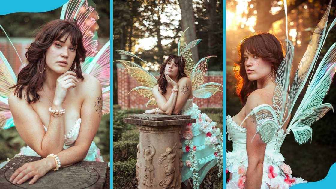 A model showcases a fairy themed outfit. A model showcases a fairy themed outfit.