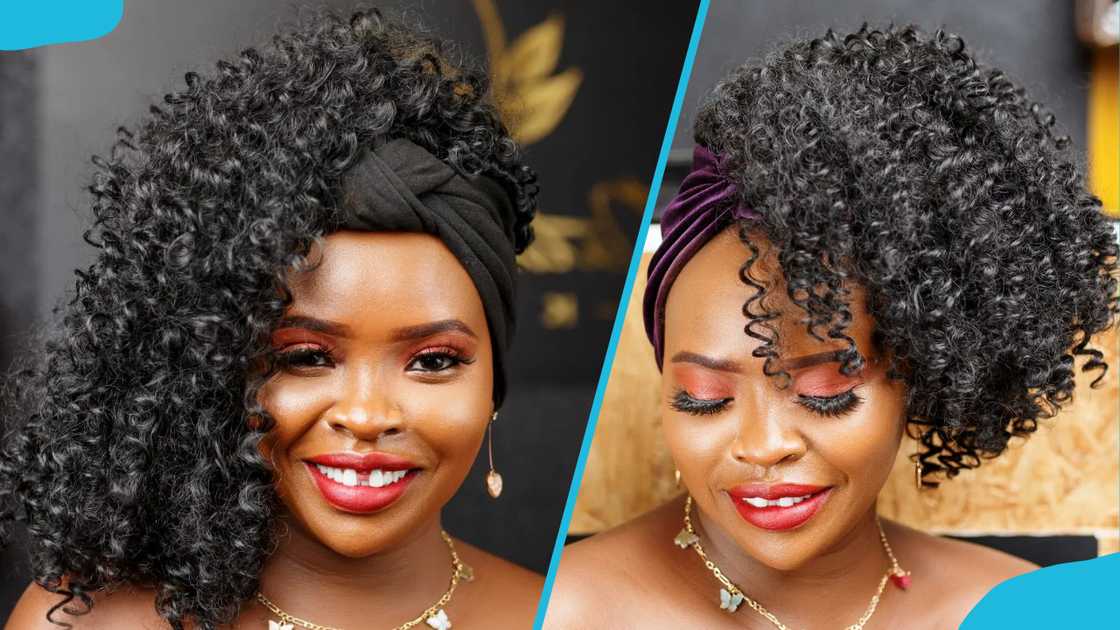 A smiling woman wearing Kinky hair with head scarves A smiling woman wearing Kinky hair with head scarves