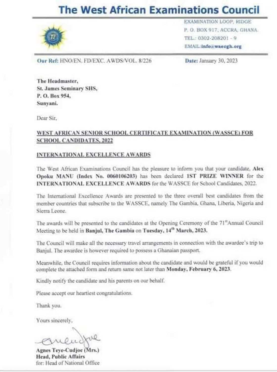 Letter from WAEC to the headmaster of St. James Seminary SHS. Letter from WAEC to the headmaster of St. James Seminary SHS.