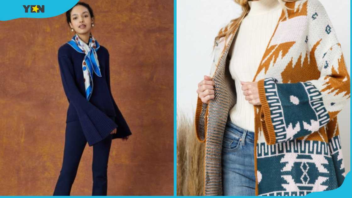 Two women in different types of bell-sleeve sweaters. Two women in different types of bell-sleeve sweaters.