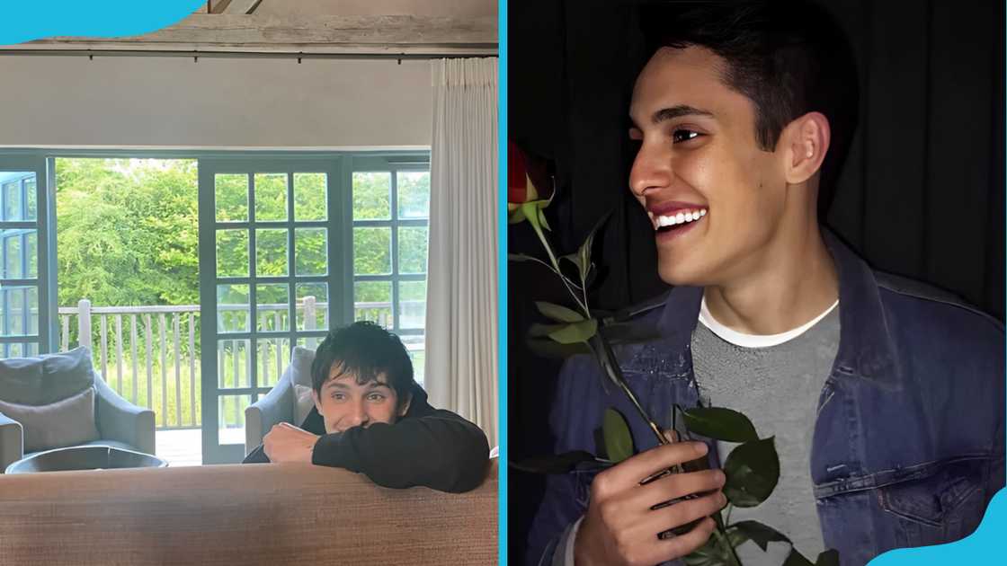 Dalton Gomez in a black hoodie (L) and denim jacket (R) Dalton Gomez in a black hoodie (L) and denim jacket (R)