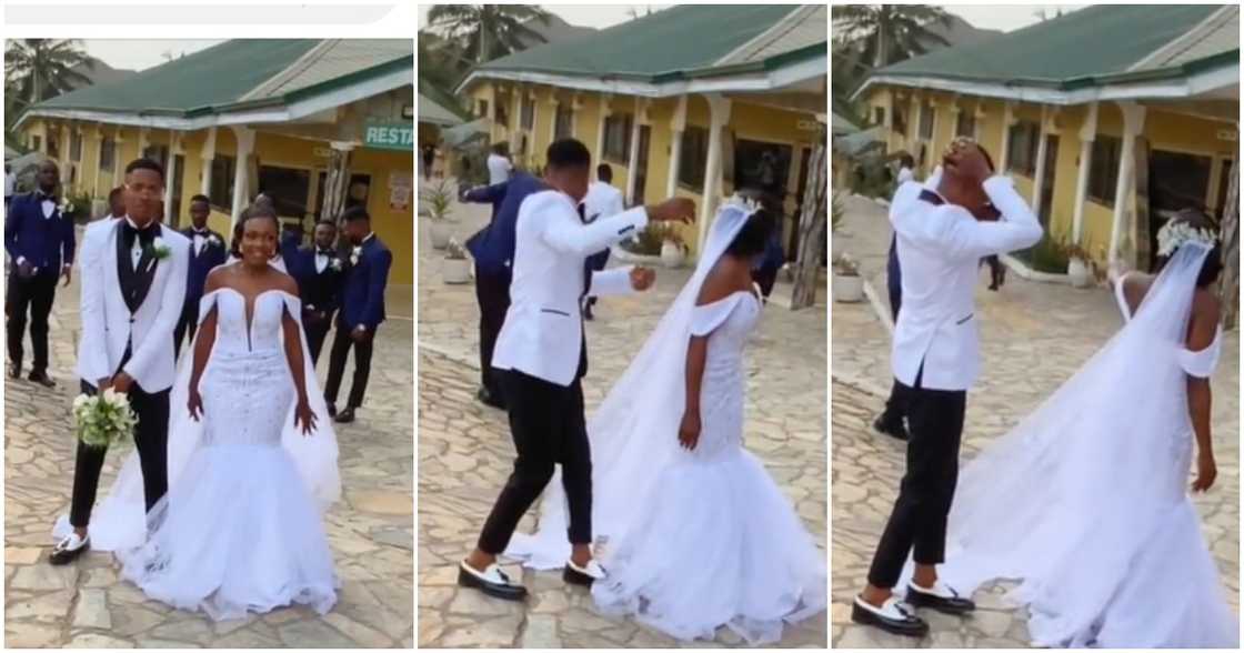 Groomsmen run during bouquet toss tradition