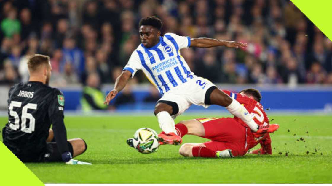 Tariq Lamptey scores for Brighton against Liverpool. Tariq Lamptey scores for Brighton against Liverpool.