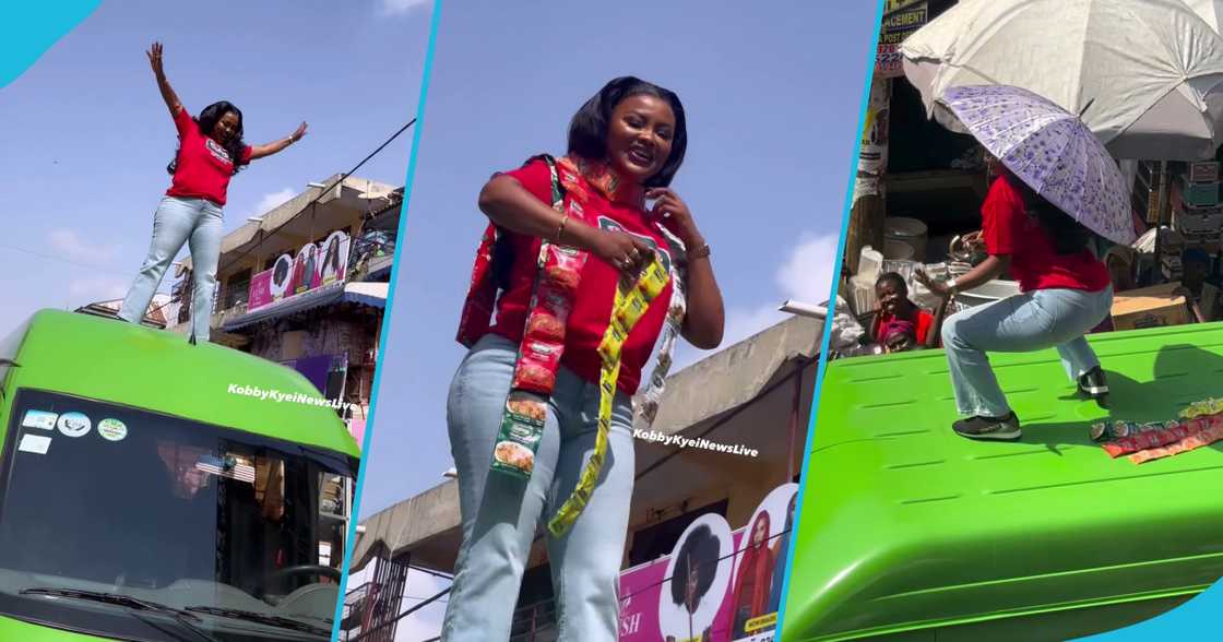 Nana Ama McBrown climbs a bus to film a commercial and displays fire moves in video Nana Ama McBrown climbs a bus to film a commercial and displays fire moves in video
