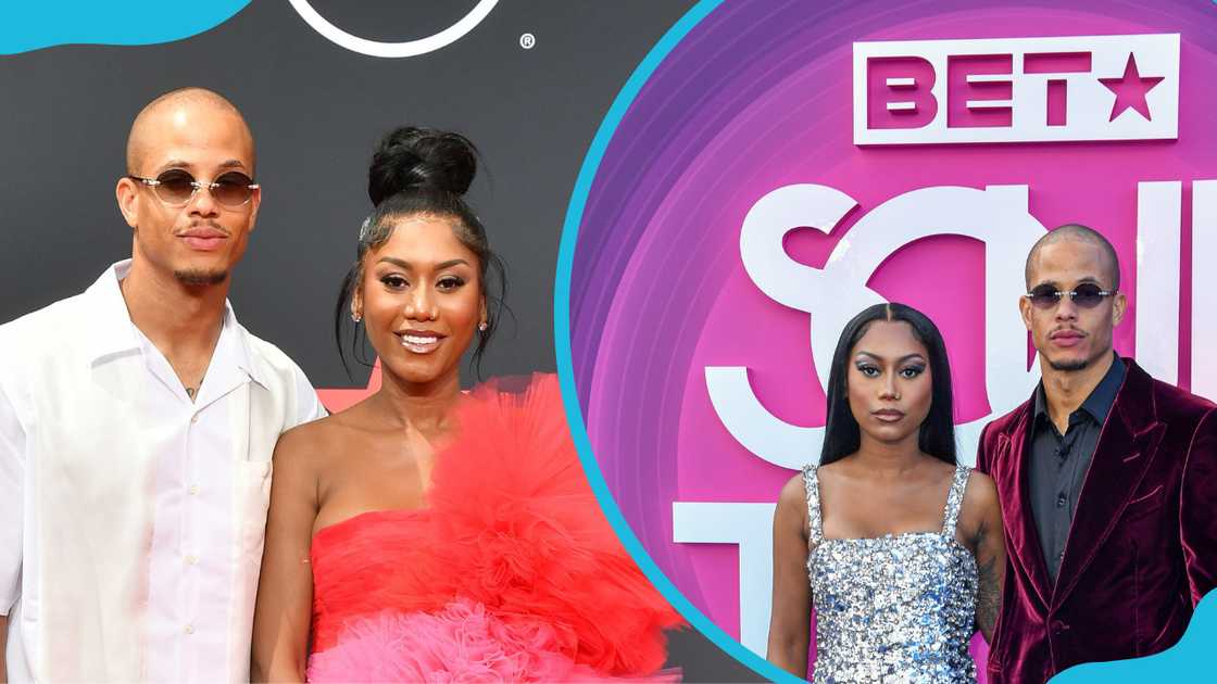 Raysean Hairston and Muni Long when attending the 2022 BET Awards (L) and then arriving at the Soul Train Music Awards (R)