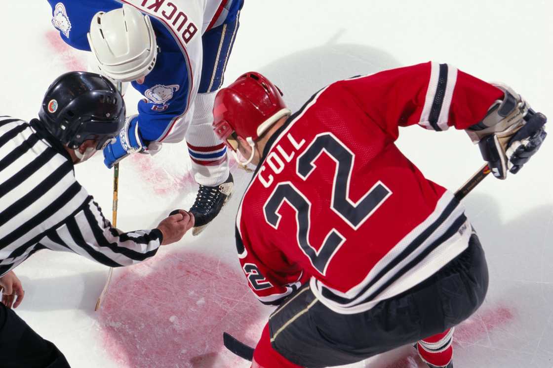 Two hockey players in action on the ice rink.