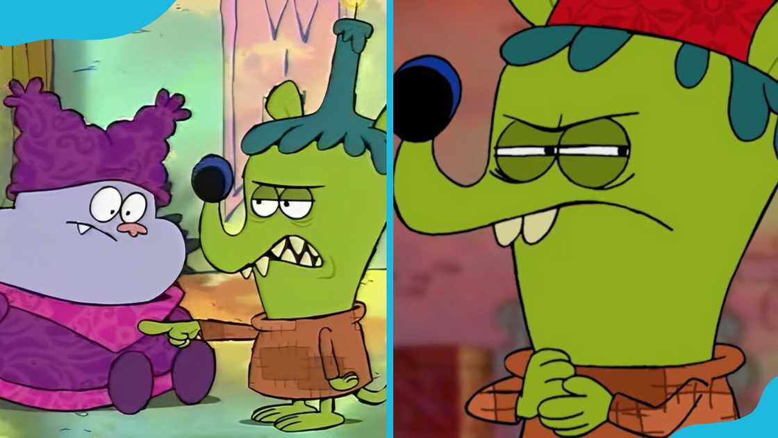 Gorgonzola from "Chowder" pointing at Chowder with a serious expression (L) and with a scheming look (R).