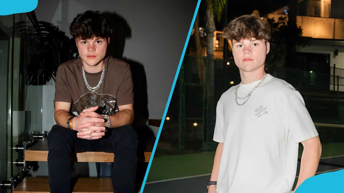Jack Doherty poses in a brown t-shirt on a wooden bench (L) and a white t-shirt standing outdoors at night (R). Jack Doherty poses in a brown t-shirt on a wooden bench (L) and a white t-shirt standing outdoors at night (R).