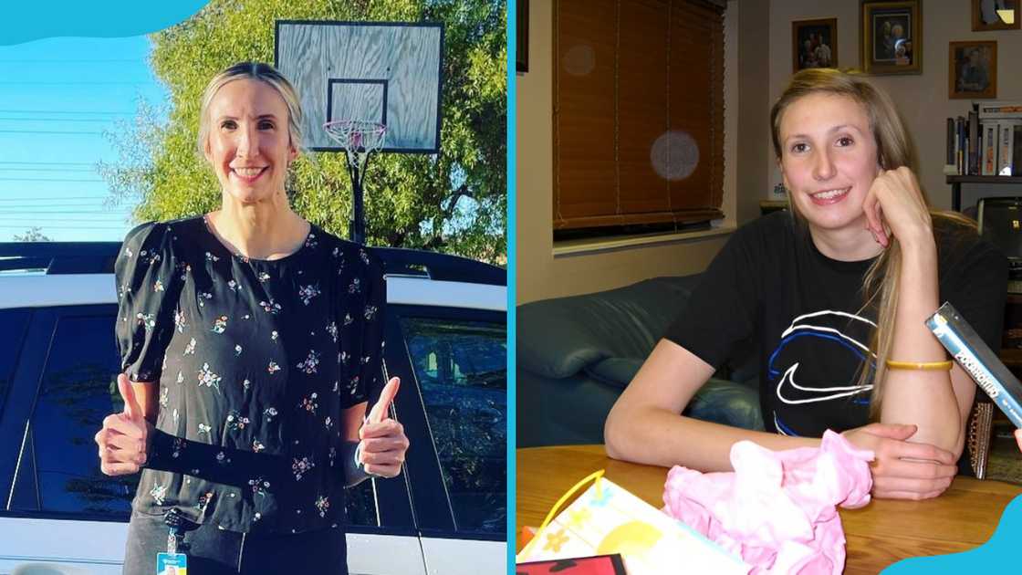 Jennifer Hamson is standing near a basketball court (L). She is in a room (R) Jennifer Hamson is standing near a basketball court (L). She is in a room (R)