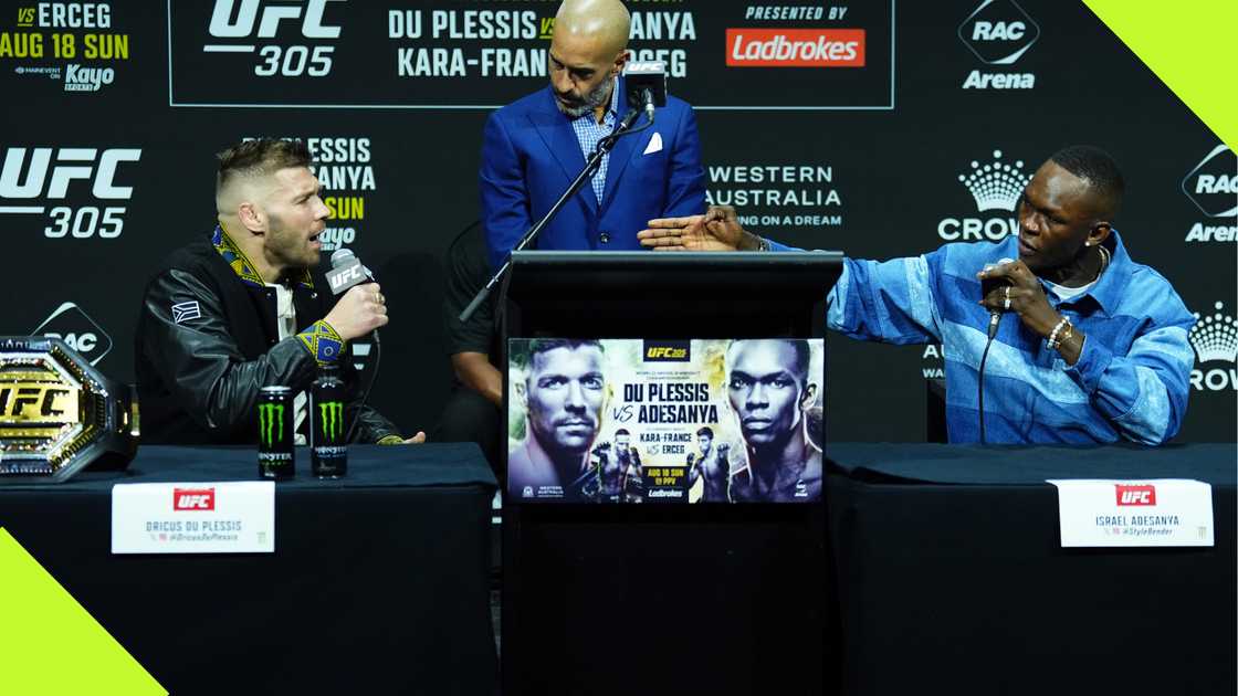 Dricus du Plessis and Israel Adesanya during the press conference ahead of their UFC 305 fight. Dricus du Plessis and Israel Adesanya during the press conference ahead of their UFC 305 fight.
