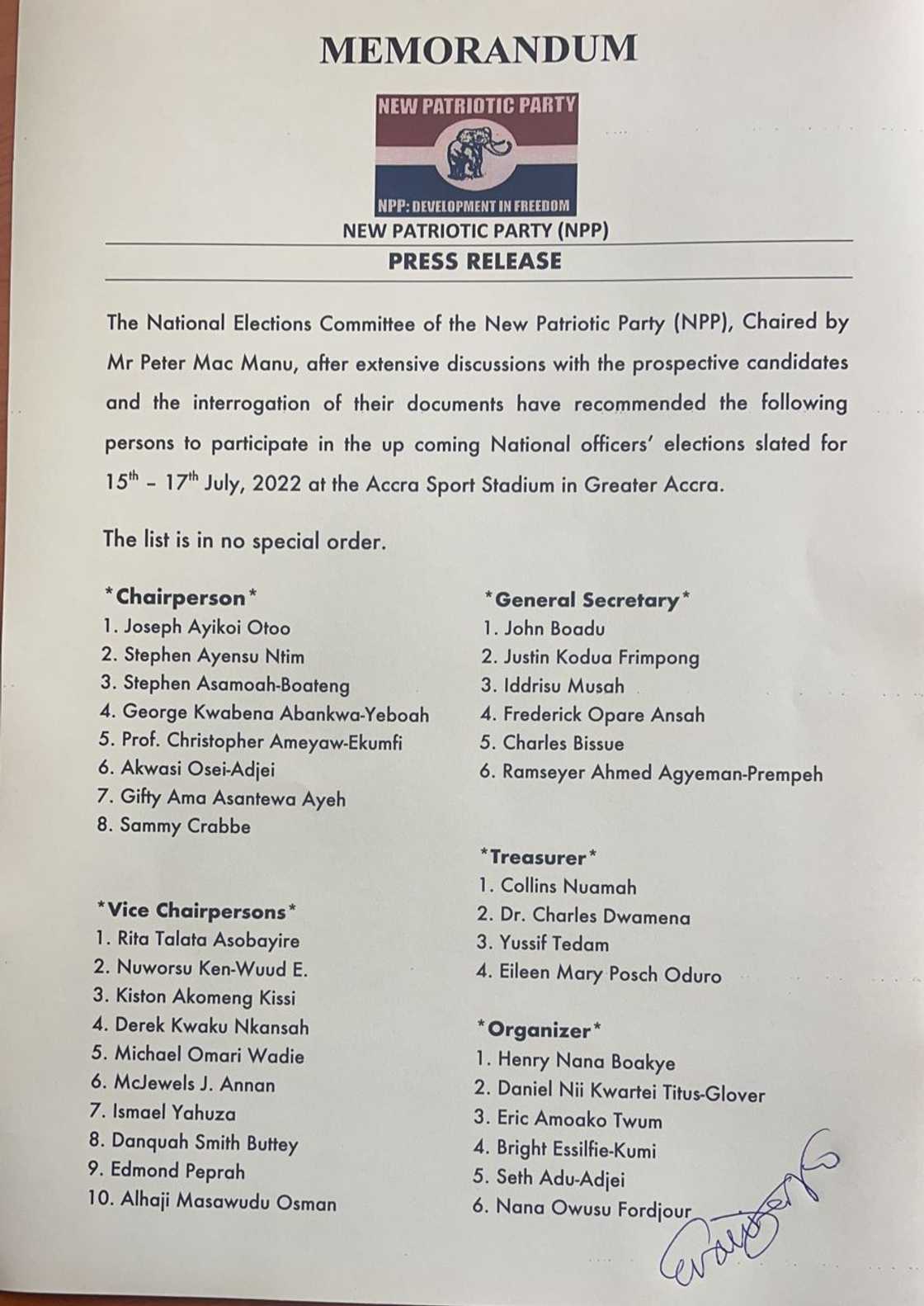 NPP National Elections Memo 2022 NPP National Elections Memo 2022