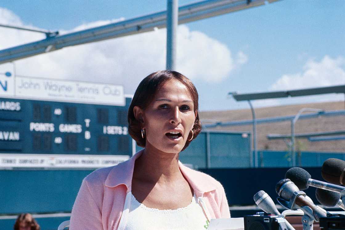 Dr Renee Richards at a press conference at Newport Beach