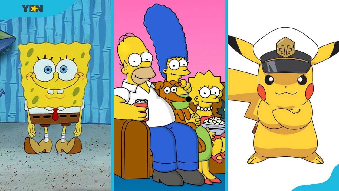 SpongeBob SquarePants, the Simpsons family, and Pikachu