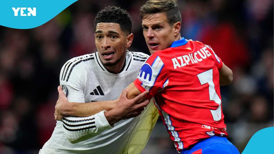 Cesar Azpilicueta of Atletico Madrid grapples with Jude Bellingham of Real Madrid during the UEFA Champions League 2024/25 UEFA Champions League 2024/25 Round of 16 second leg match on March 12, 2025 in Madrid, Spain Cesar Azpilicueta of Atletico Madrid grapples with Jude Bellingham of Real Madrid during the UEFA Champions League 2024/25 UEFA Champions League 2024/25 Round of 16 second leg match on March 12, 2025 in Madrid, Spain