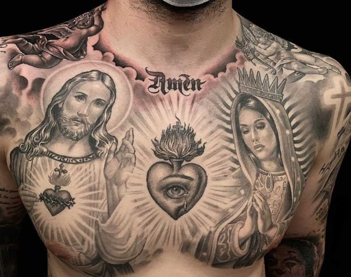 Jesus and Virgiin Mary sacred heart chest tattoo