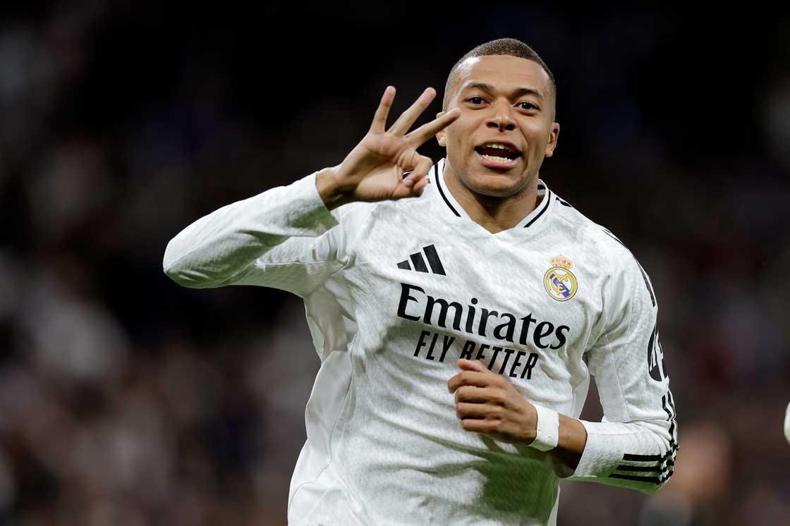 Kylian Mbappe of Real Madrid delightfully celebrates his hat-trick in the Real Madrid 3 Man City 1 UEFA CL 2024/25 knockout play-off match on Wednesday, February 19 Kylian Mbappe of Real Madrid delightfully celebrates his hat-trick in the Real Madrid 3 Man City 1 UEFA CL 2024/25 knockout play-off match on Wednesday, February 19