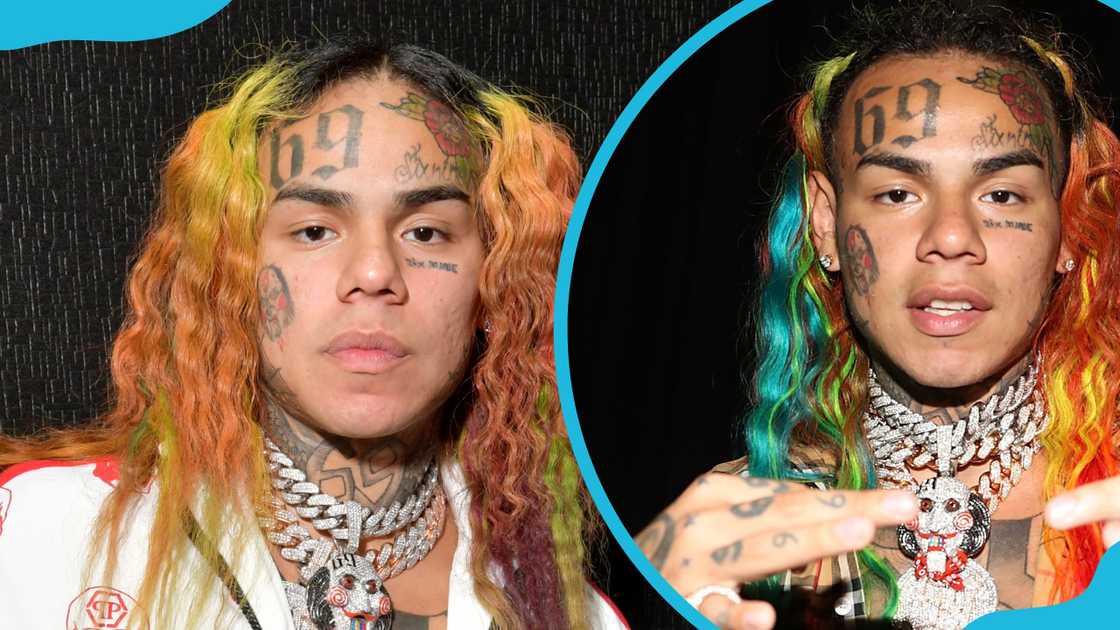 Tekashi69 in Milan Fashion Week in Italy (L). The rapper at the Made In America festival (R)