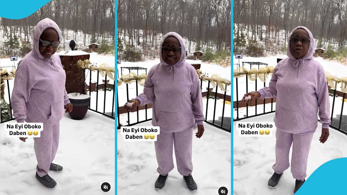 Grandma abroad, Ghanaian grandma, Snowfall, First snowfall, Hilarious reaction, Women abroad.