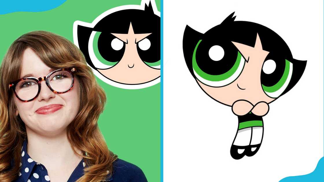 Natalie Palamides smiles next to Buttercup from The Powerpuff Girls reboot. Natalie Palamides smiles next to Buttercup from The Powerpuff Girls reboot.