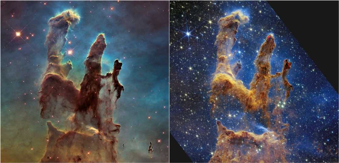 These handout photos provided by NASA show the 'Pillars of Creation' that are set off in a kaleidoscope of color in theJames Webb Space Telescope's near-infrared-light view (R) compared to the Hubble telescope's 2014 wider view in visible light These handout photos provided by NASA show the 'Pillars of Creation' that are set off in a kaleidoscope of color in theJames Webb Space Telescope's near-infrared-light view (R) compared to the Hubble telescope's 2014 wider view in visible light