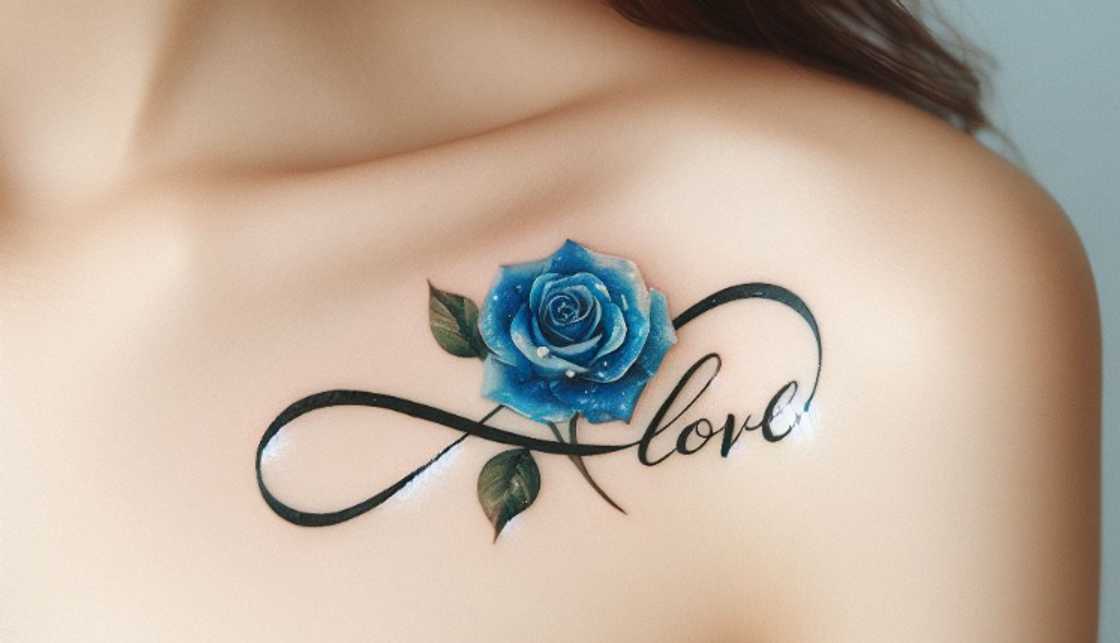 Blue rose collarbone tattoo