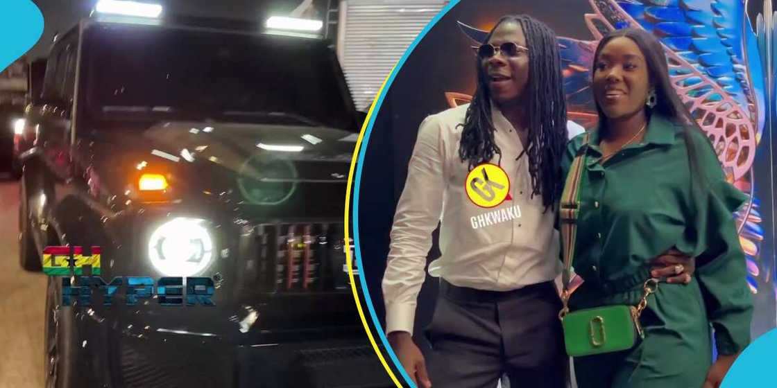 Stonebwoy and his wife ride in a 2023 Registered Mercedes AMG G63 to the TECNO launch