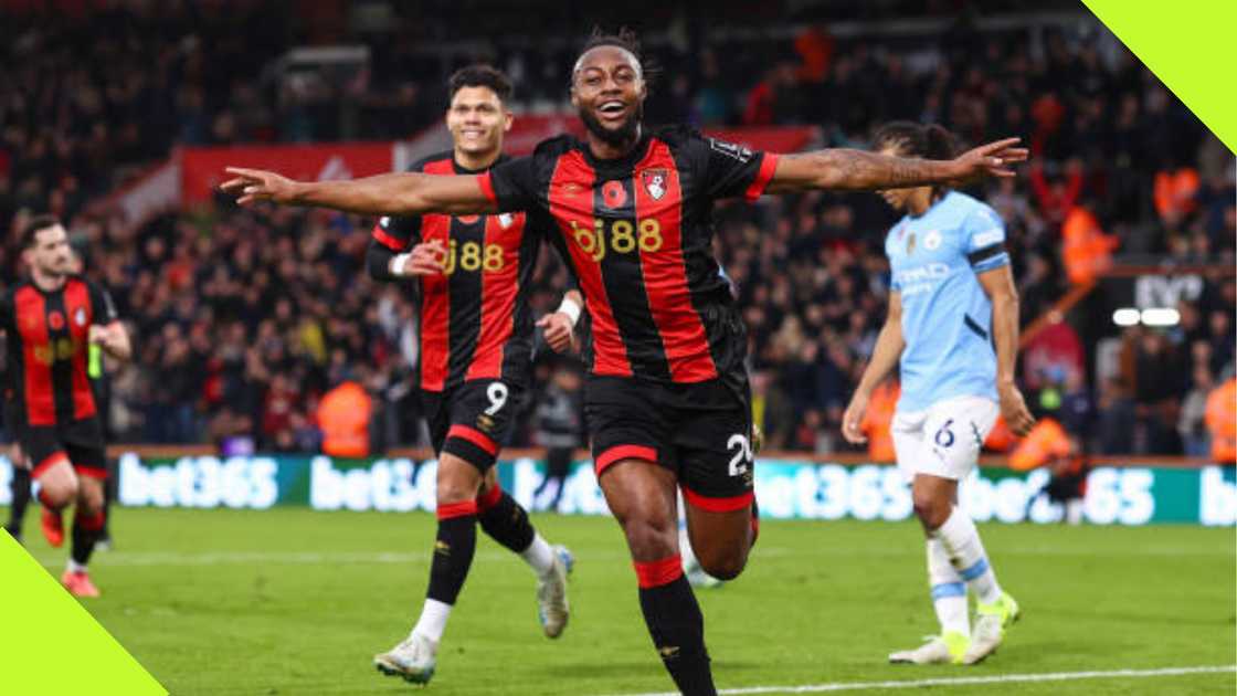 Antoine Semenyo celebrates after scoring for Bournemouth.