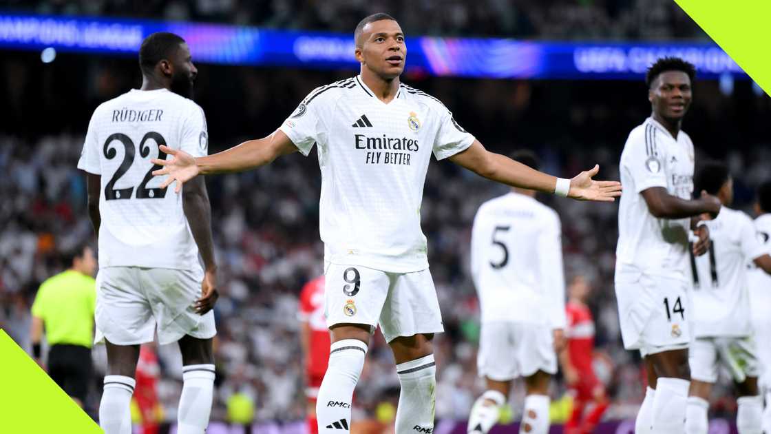 Kylian Mbappe celebrates after scoring for Real Madrid against Stuttgart in the UEFA Champions League. Kylian Mbappe celebrates after scoring for Real Madrid against Stuttgart in the UEFA Champions League.