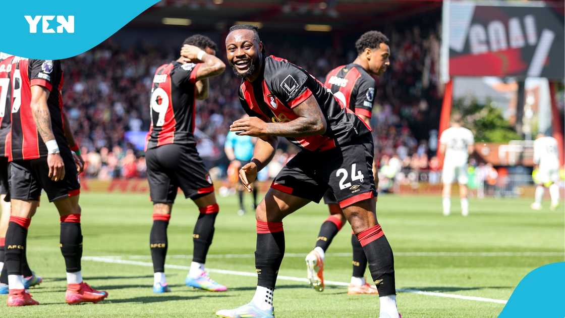 Ghana striker Antoine Semenyo of Bournemouth celebrates after scoring to make it 1-0 during the Premier League match vs Manchester United FC at Vitality Stadium on April 27, 2025 in Bournemouth, England Ghana striker Antoine Semenyo of Bournemouth celebrates after scoring to make it 1-0 during the Premier League match vs Manchester United FC at Vitality Stadium on April 27, 2025 in Bournemouth, England