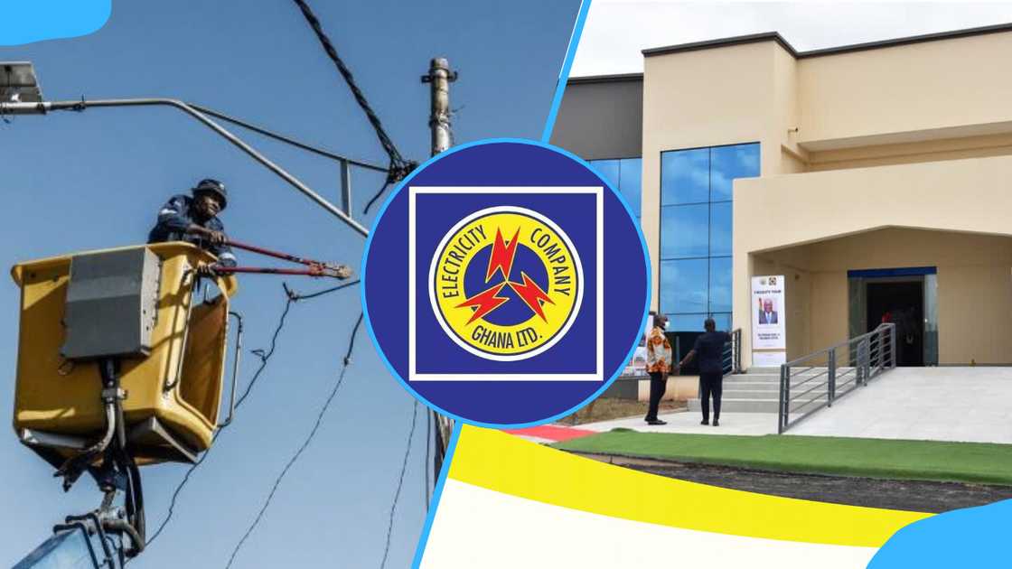 ECG Ghana logo, building, and an electrician fixing electricity in a pole. ECG Ghana logo, building, and an electrician fixing electricity in a pole.