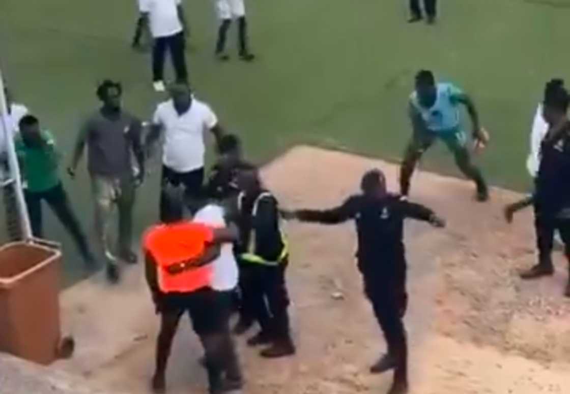 Violence broke out at the Ghana Division One League match between Elmina Sharks and Swedru All Black on February 16 Violence broke out at the Ghana Division One League match between Elmina Sharks and Swedru All Black on February 16