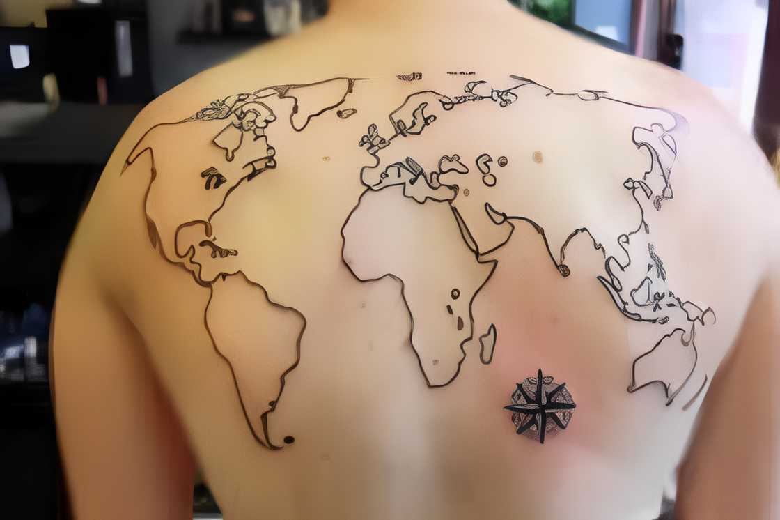 A white man has map tattoos on his upper back A white man has map tattoos on his upper back