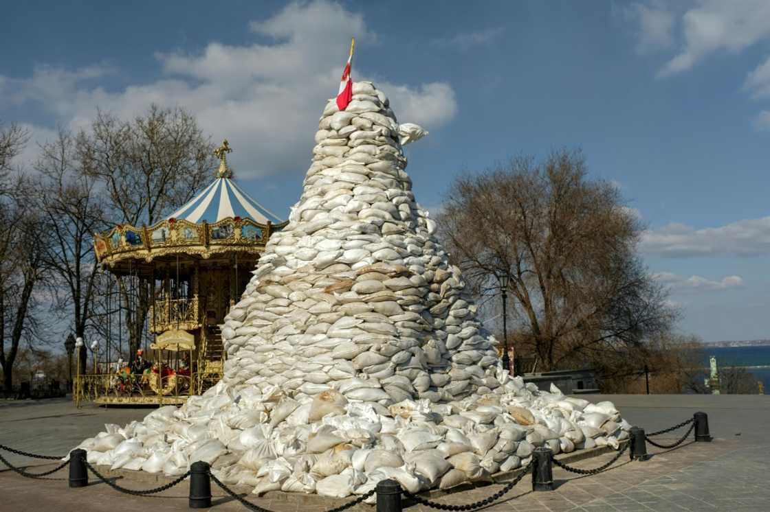 A monument to the Duc de Richelieu in Odessa, since March covered up with sandbags A monument to the Duc de Richelieu in Odessa, since March covered up with sandbags