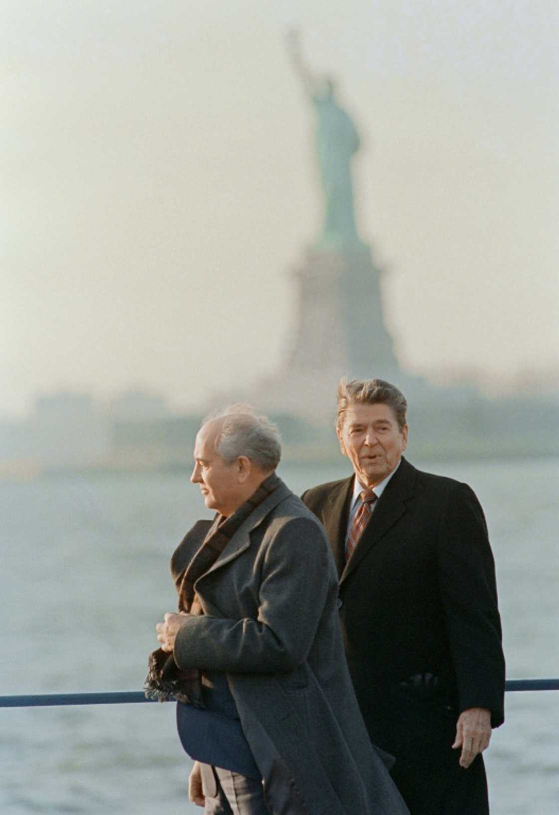 US president Ronald Reagan (R) and his Soviet counterpart Mikhail Gorbachev visit Governors Island on December 7, 1988 US president Ronald Reagan (R) and his Soviet counterpart Mikhail Gorbachev visit Governors Island on December 7, 1988