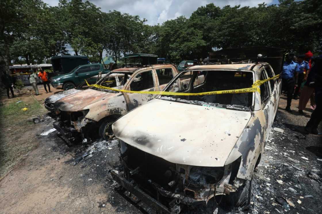 Burnt vehicles outside Kuje prison