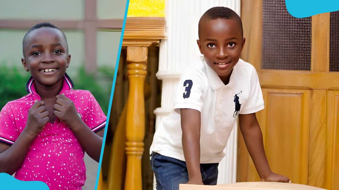 Chauncey Mensah is posing for a photograph (L). Chauncey holds on to his wooden toy (R)