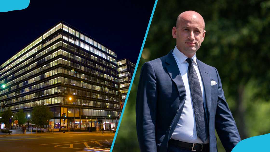The CityCenterDC at night, Washington, D.C. (left). White House Deputy Chief of Staff Stephen Miller outside the White House (right).