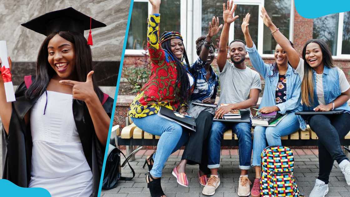 Student with diploma poses outdoors and college students spend time together on campus in the university yard. Student with diploma poses outdoors and college students spend time together on campus in the university yard.