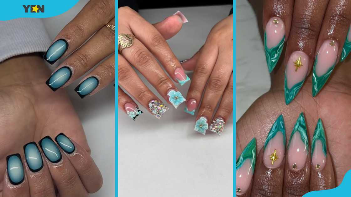 Sleek gradient (L), sparkling floral (C), and bold marbled (R) teal designs Sleek gradient (L), sparkling floral (C), and bold marbled (R) teal designs
