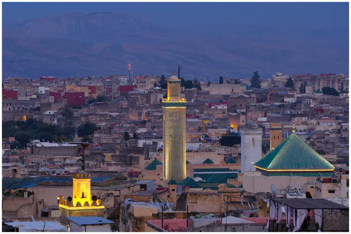 The buildings of the University of al-Qarawiyyin are illuminated at dusk The buildings of the University of al-Qarawiyyin are illuminated at dusk