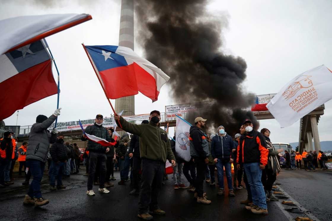 Miners block access to the Ventanas copper smelter in Chile during the start of an "undefined" national strike of workers of the state mining company Codelco -- the world's largest copper producer Miners block access to the Ventanas copper smelter in Chile during the start of an "undefined" national strike of workers of the state mining company Codelco -- the world's largest copper producer
