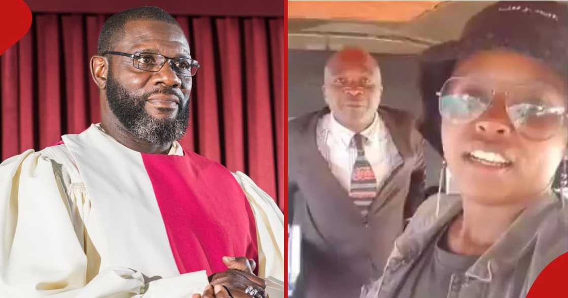 A mature black man wearing church choir robes, standing in front of a red curtain with a serious expression, and a woman calling out the preacher.