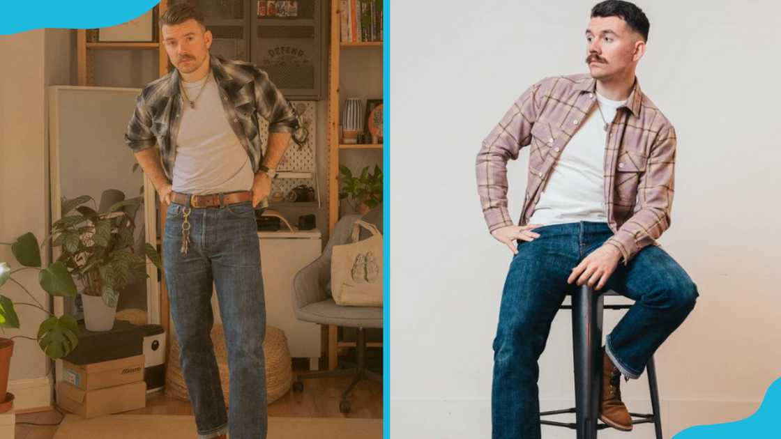 A man in flannel shirts and dark jeans A man in flannel shirts and dark jeans