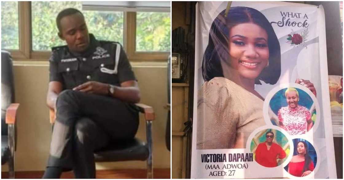 Inspector Twumasi and a poster announcing Madwoa's tragic death. Inspector Twumasi and a poster announcing Madwoa's tragic death.