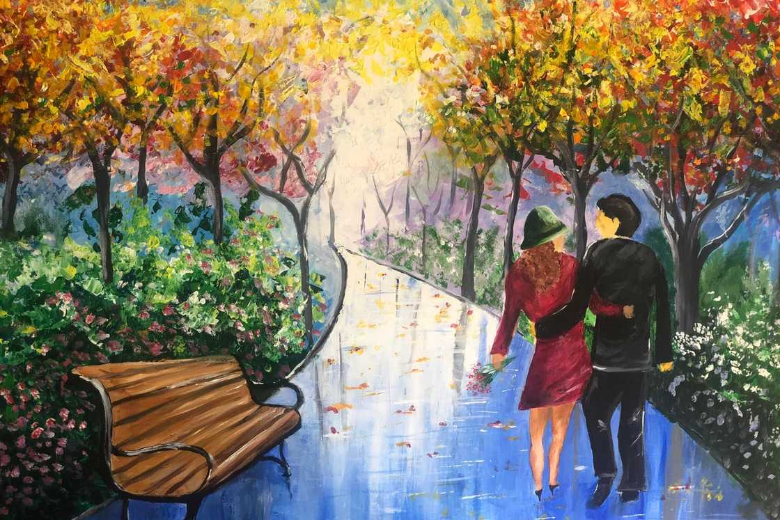 A painting of a couple walking in a natural setting holding each other A painting of a couple walking in a natural setting holding each other