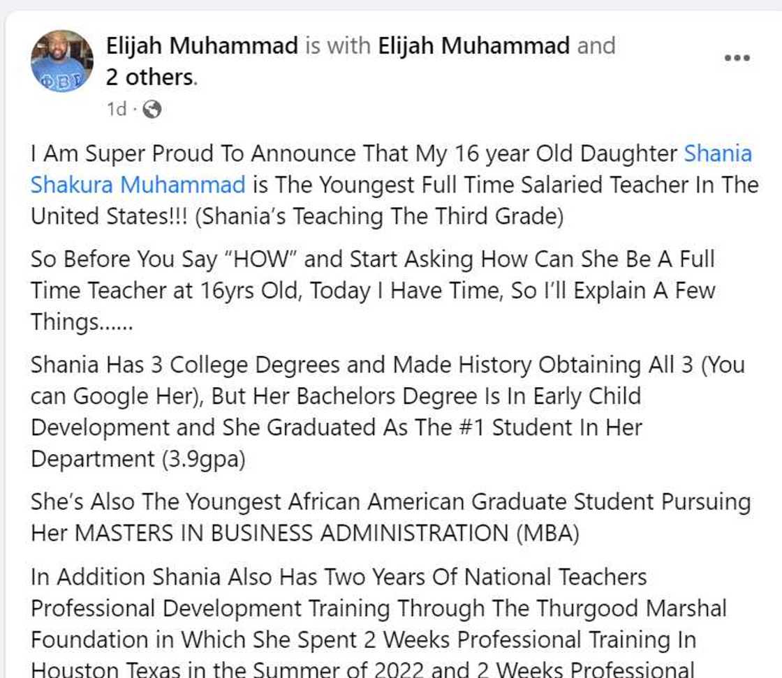 Screenshot of Elijah Muhammad's post about her daughter's achievement. Screenshot of Elijah Muhammad's post about her daughter's achievement.